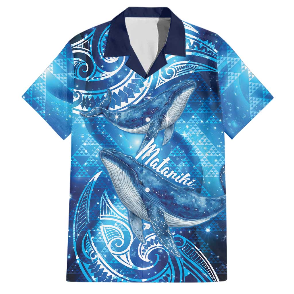 New Zealand Humpback Whale Matariki Family Matching Tank Maxi Dress and Hawaiian Shirt Maori New Year Taniko Niho Taniwha LT14 Dad's Shirt - Short Sleeve Blue - Polynesian Pride