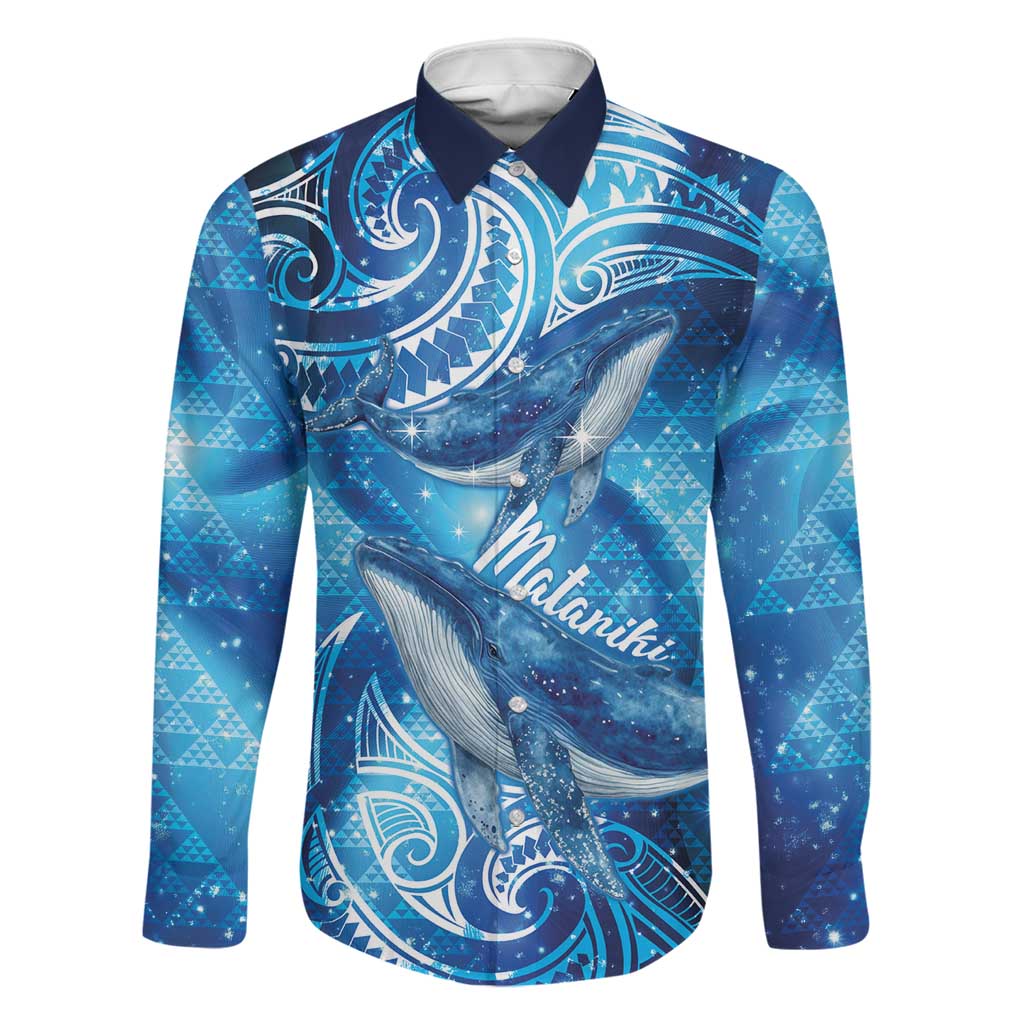 New Zealand Humpback Whale Matariki Family Matching Tank Maxi Dress and Hawaiian Shirt Maori New Year Taniko Niho Taniwha LT14 Dad's Shirt - Long Sleeve Blue - Polynesian Pride