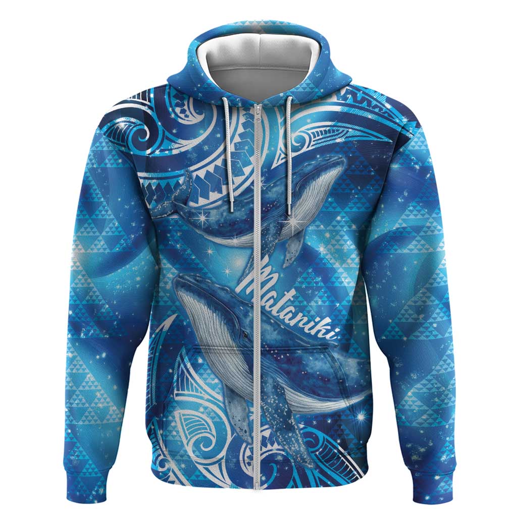 New Zealand Humpback Whale Matariki Hoodie Maori New Year Taniko Niho Taniwha LT14 Zip Hoodie Blue - Polynesian Pride
