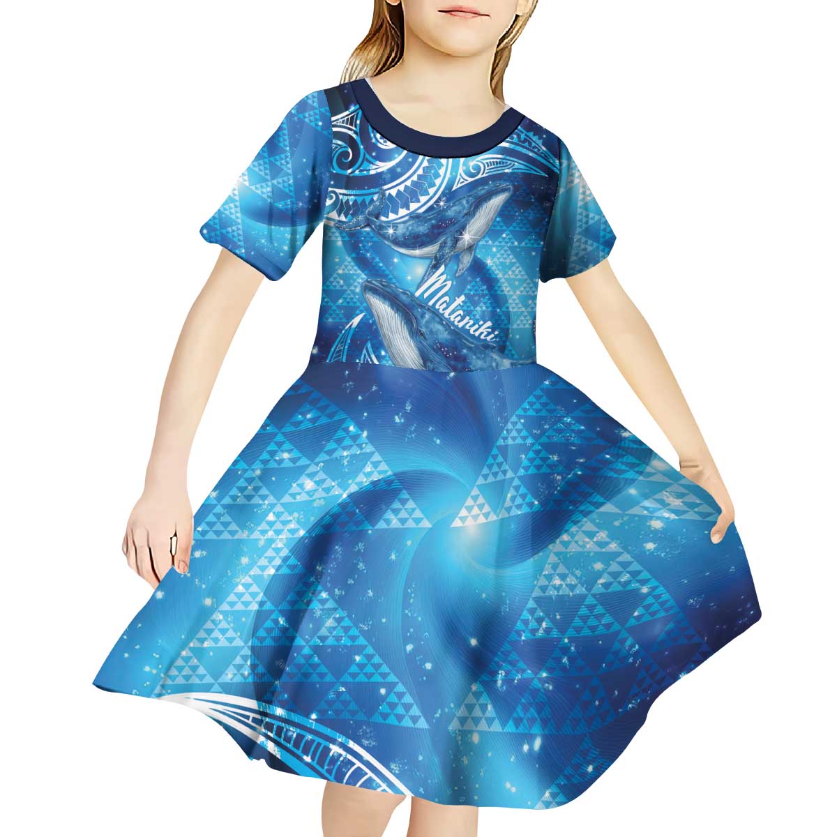 New Zealand Humpback Whale Matariki Kid Short Sleeve Dress Maori New Year Taniko Niho Taniwha LT14 - Polynesian Pride