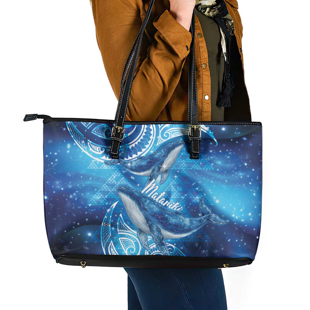 New Zealand Humpback Whale Matariki Leather Tote Bag Maori New Year Taniko Niho Taniwha LT14 - Polynesian Pride