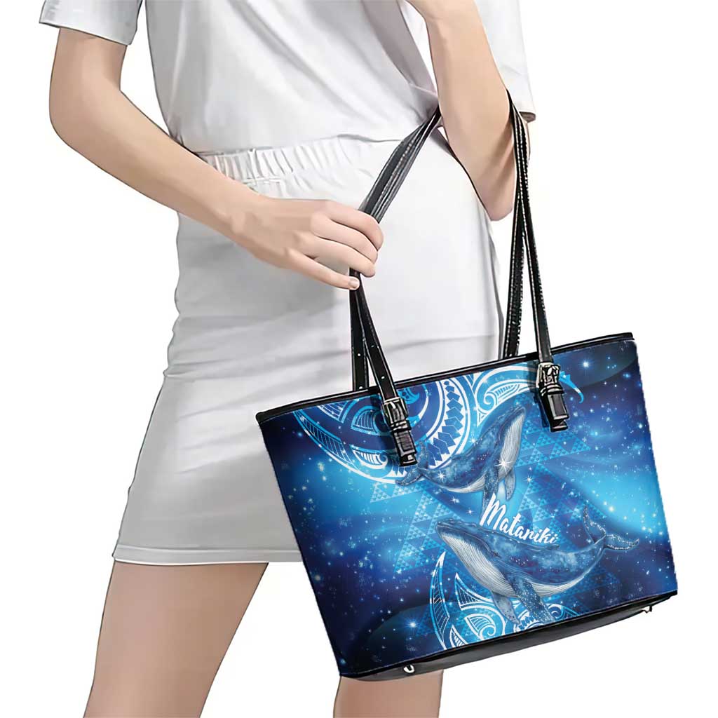 New Zealand Humpback Whale Matariki Leather Tote Bag Maori New Year Taniko Niho Taniwha LT14 - Polynesian Pride