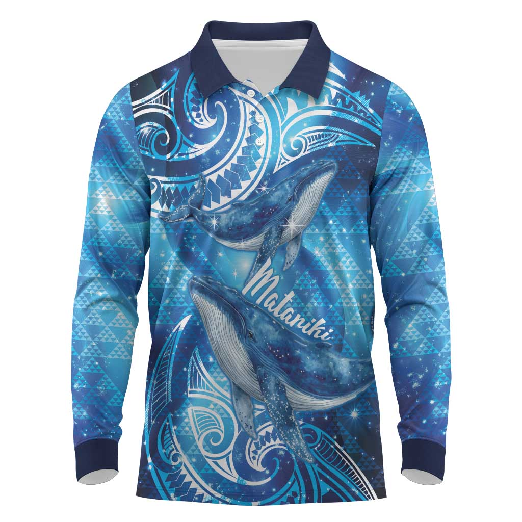 New Zealand Humpback Whale Matariki Long Sleeve Polo Shirt Maori New Year Taniko Niho Taniwha LT14 Blue - Polynesian Pride