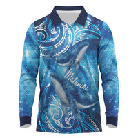 New Zealand Humpback Whale Matariki Long Sleeve Polo Shirt Maori New Year Taniko Niho Taniwha LT14 Blue - Polynesian Pride