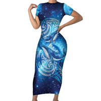 New Zealand Humpback Whale Matariki Short Sleeve Bodycon Dress Maori New Year Taniko Niho Taniwha LT14 Long Dress Blue - Polynesian Pride