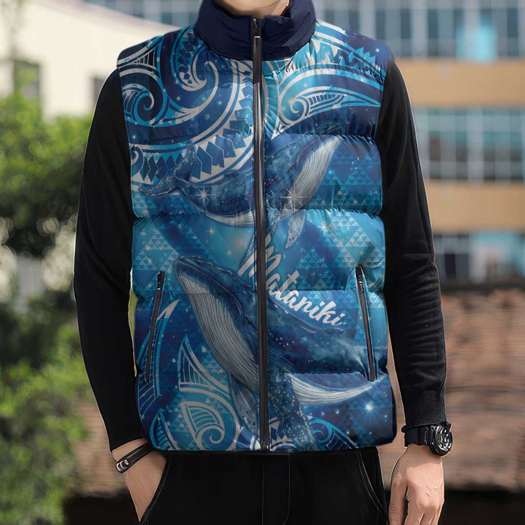 New Zealand Humpback Whale Matariki Sleeveless Puffer Jacket Maori New Year Taniko Niho Taniwha