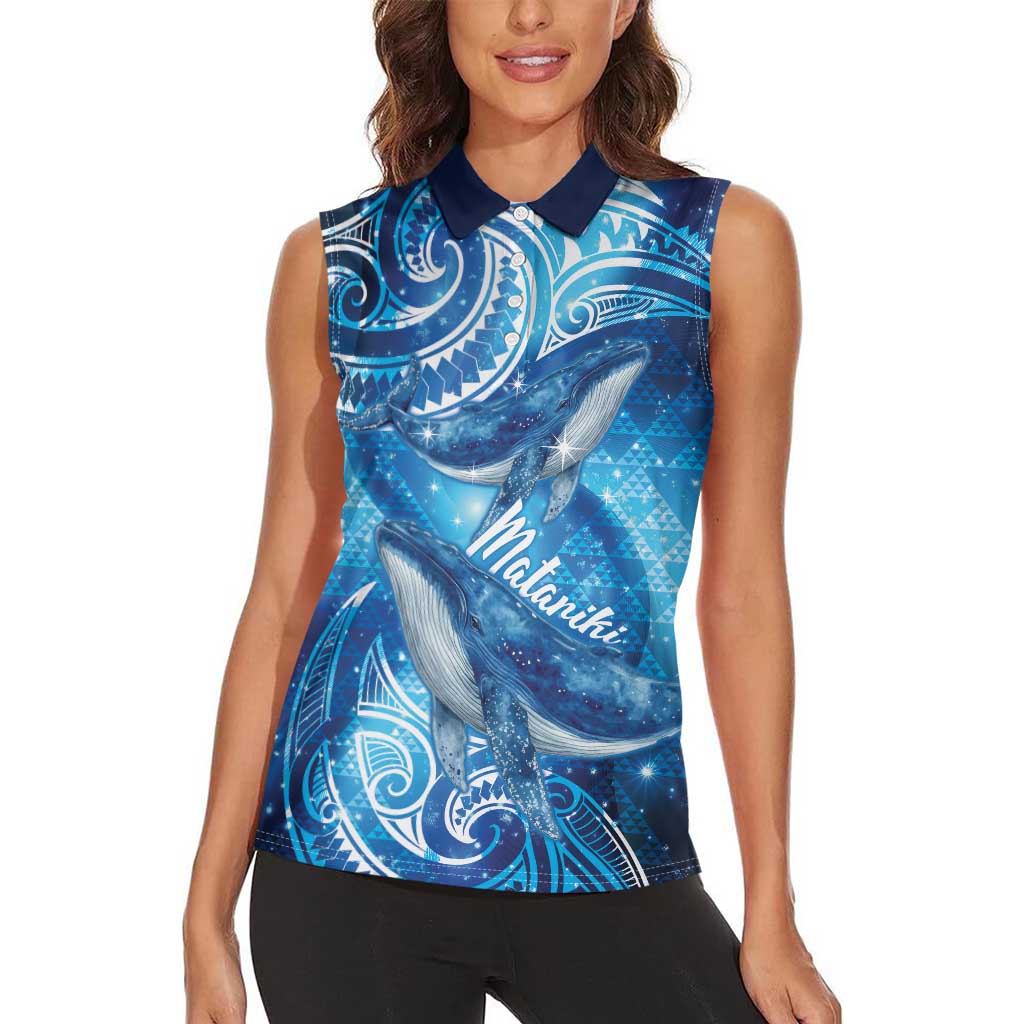New Zealand Humpback Whale Matariki Women Sleeveless Polo Shirt Maori New Year Taniko Niho Taniwha