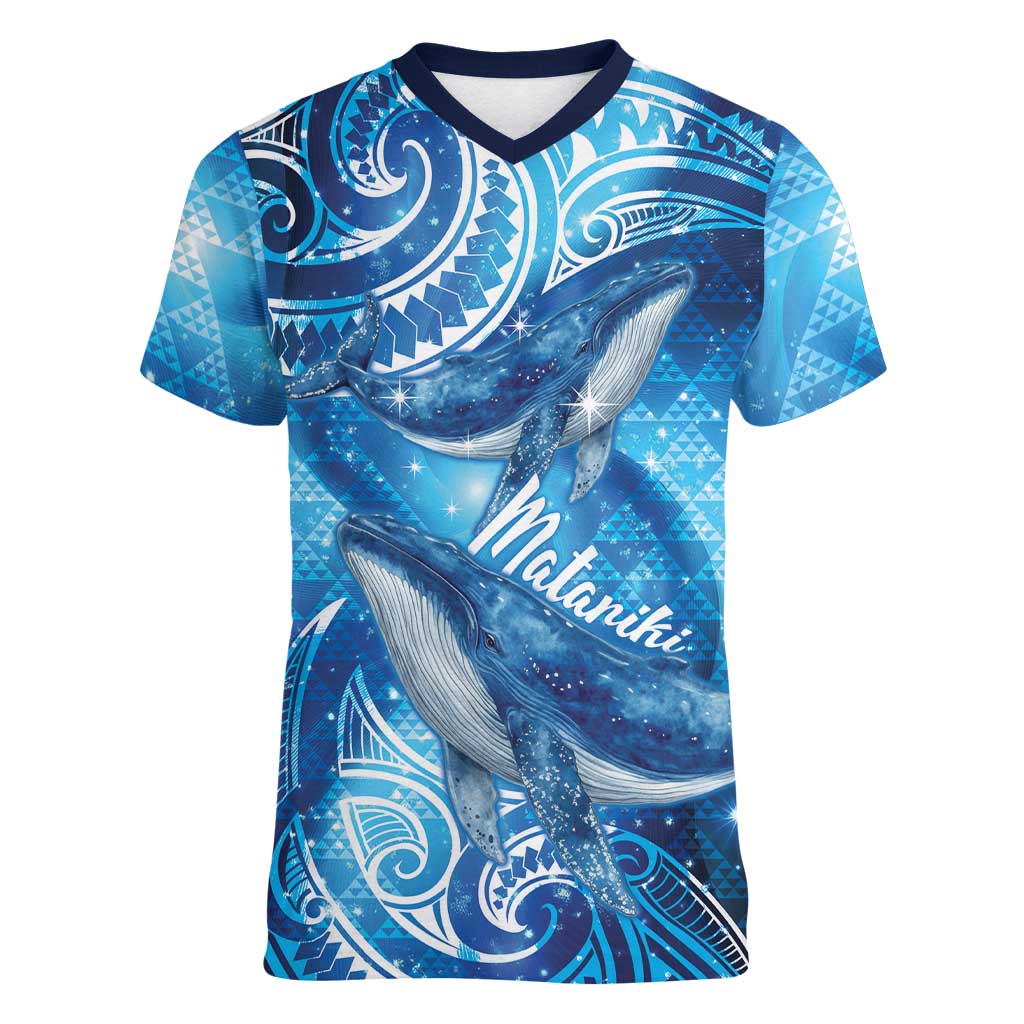 New Zealand Humpback Whale Matariki Women V-Neck T-Shirt Maori New Year Taniko Niho Taniwha