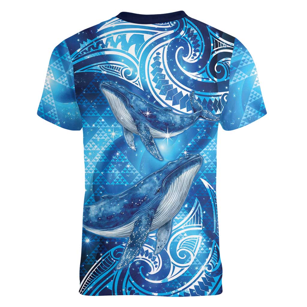 New Zealand Humpback Whale Matariki Women V-Neck T-Shirt Maori New Year Taniko Niho Taniwha