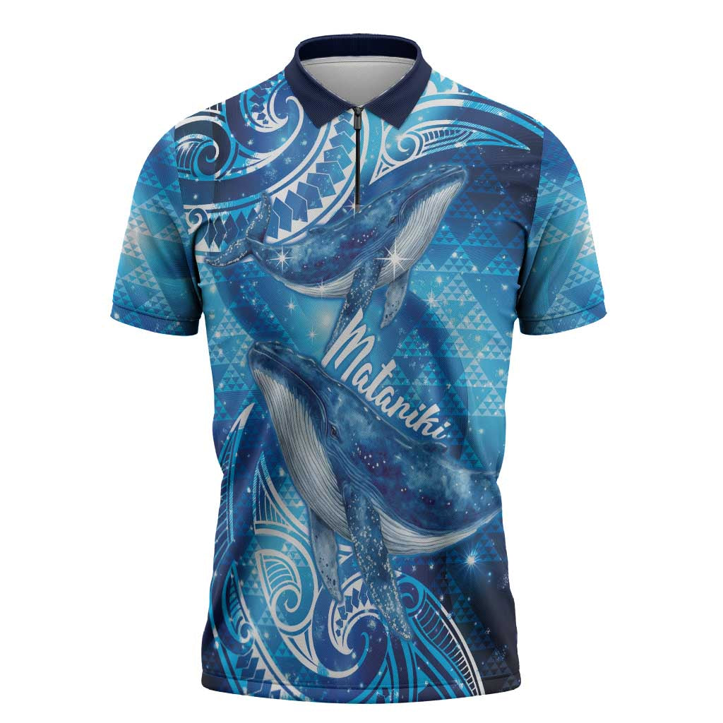 New Zealand Humpback Whale Matariki Zipper Polo Shirt Maori New Year Taniko Niho Taniwha LT14 Blue - Polynesian Pride