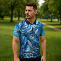 New Zealand Humpback Whale Matariki Zipper Polo Shirt Maori New Year Taniko Niho Taniwha LT14 - Polynesian Pride