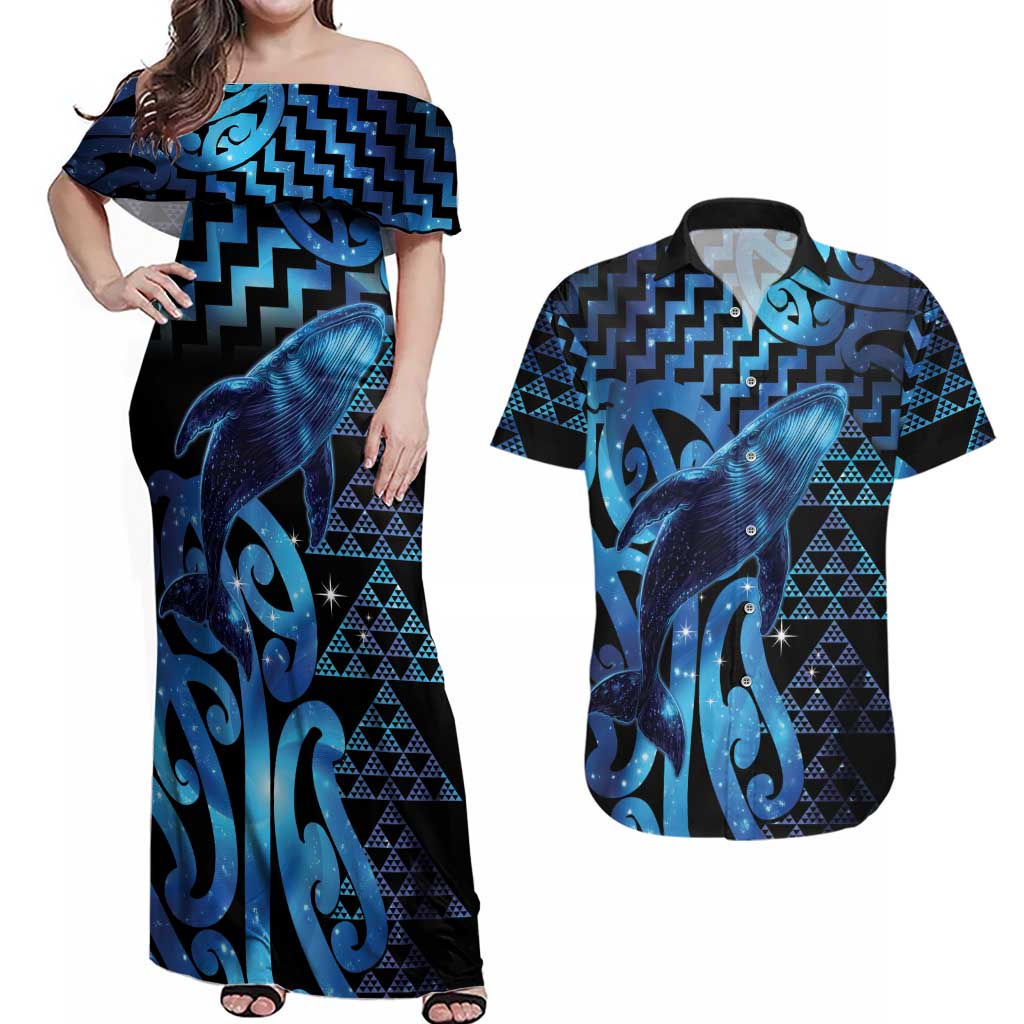Humpback Whale Matariki New Zealand Couples Matching Off Shoulder Maxi Dress and Hawaiian Shirt NZ Maori Paikea Poutama Luxury Blue LT14 Blue - Polynesian Pride