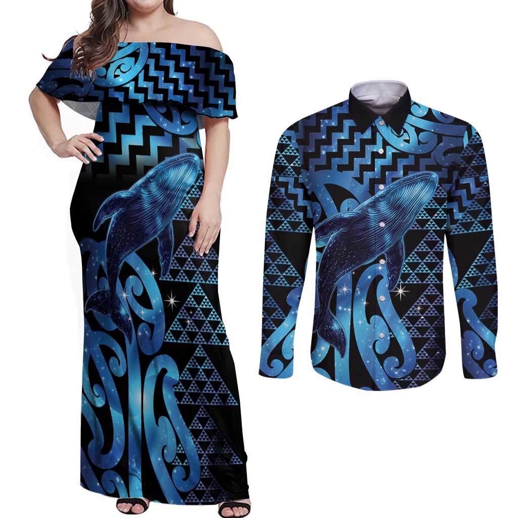 Humpback Whale Matariki New Zealand Couples Matching Off Shoulder Maxi Dress and Long Sleeve Button Shirt NZ Maori Paikea Poutama Luxury Blue