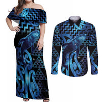 Humpback Whale Matariki New Zealand Couples Matching Off Shoulder Maxi Dress and Long Sleeve Button Shirt NZ Maori Paikea Poutama Luxury Blue