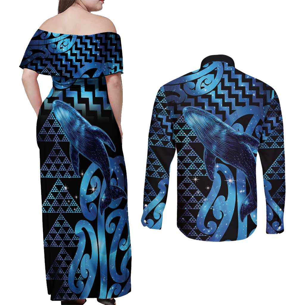 Humpback Whale Matariki New Zealand Couples Matching Off Shoulder Maxi Dress and Long Sleeve Button Shirt NZ Maori Paikea Poutama Luxury Blue