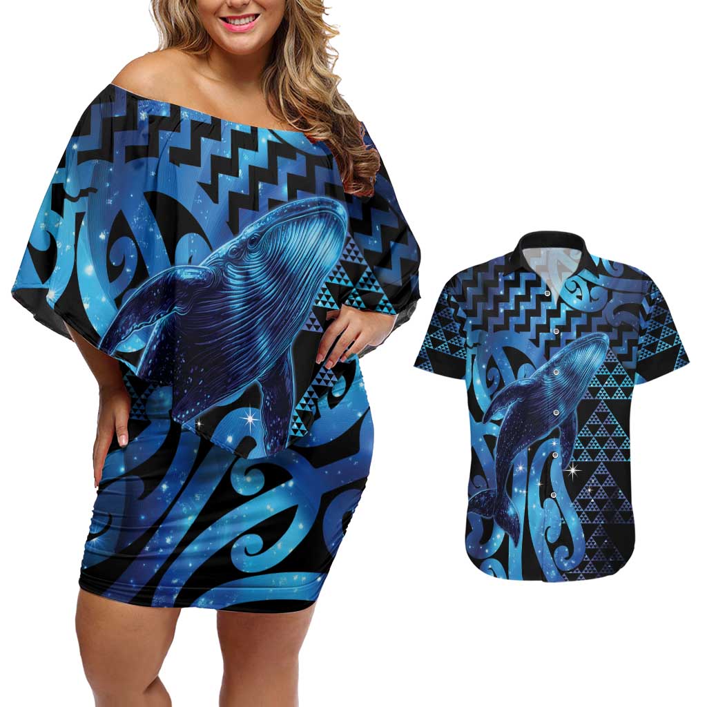 Humpback Whale Matariki New Zealand Couples Matching Off Shoulder Short Dress and Hawaiian Shirt NZ Maori Paikea Poutama Luxury Blue