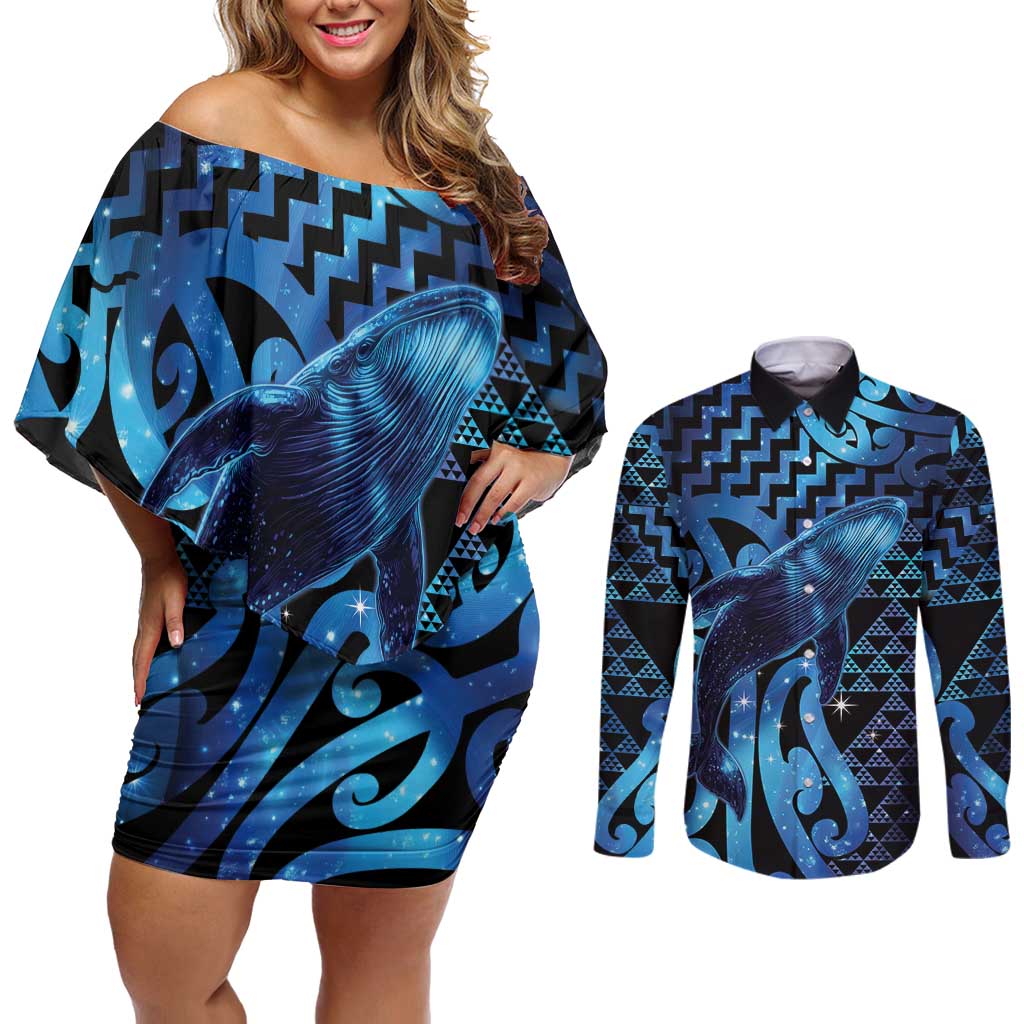 Humpback Whale Matariki New Zealand Couples Matching Off Shoulder Short Dress and Long Sleeve Button Shirt NZ Maori Paikea Poutama Luxury Blue
