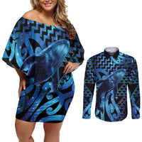 Humpback Whale Matariki New Zealand Couples Matching Off Shoulder Short Dress and Long Sleeve Button Shirt NZ Maori Paikea Poutama Luxury Blue