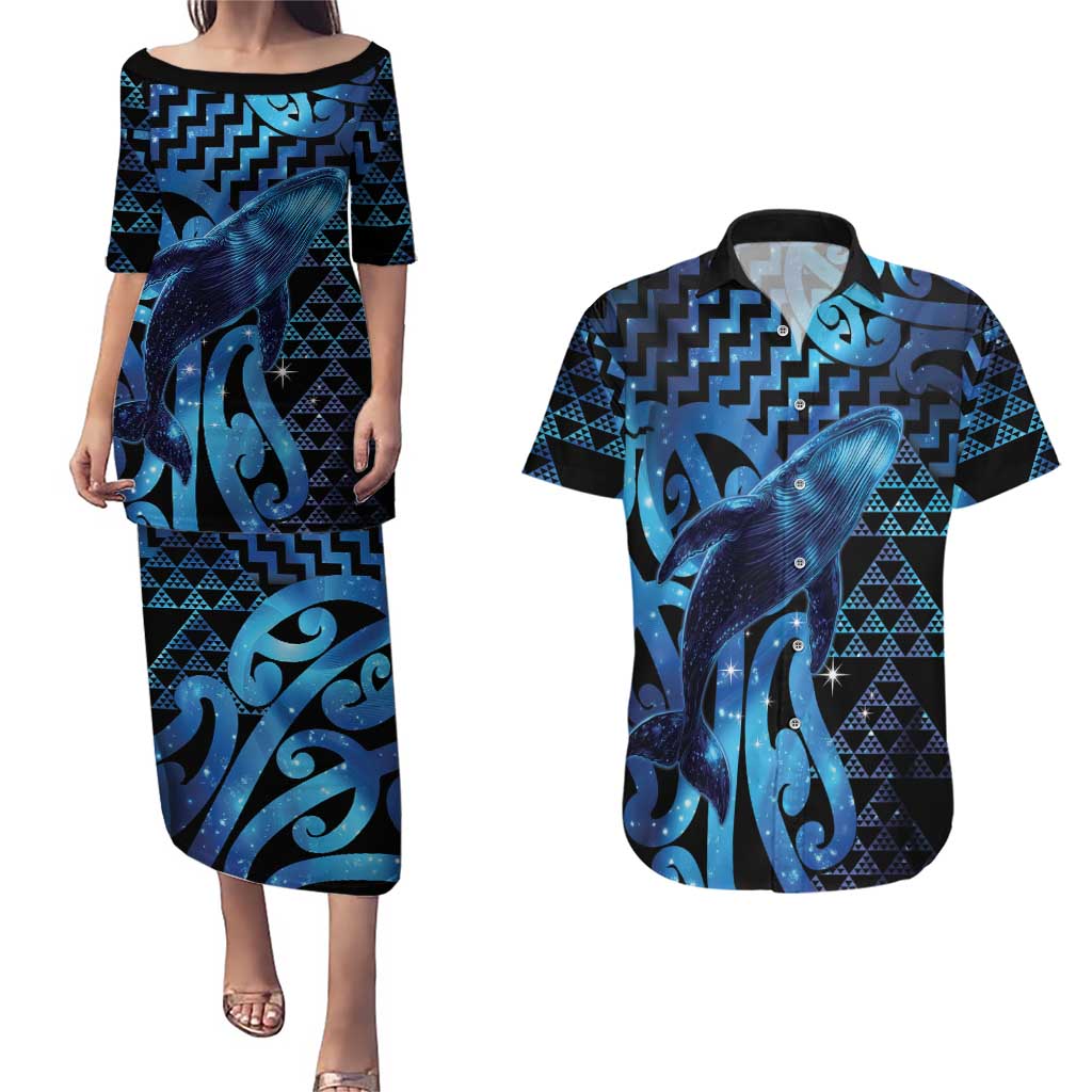 Humpback Whale Matariki New Zealand Couples Matching Puletasi and Hawaiian Shirt NZ Maori Paikea Poutama Luxury Blue