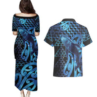 Humpback Whale Matariki New Zealand Couples Matching Puletasi and Hawaiian Shirt NZ Maori Paikea Poutama Luxury Blue