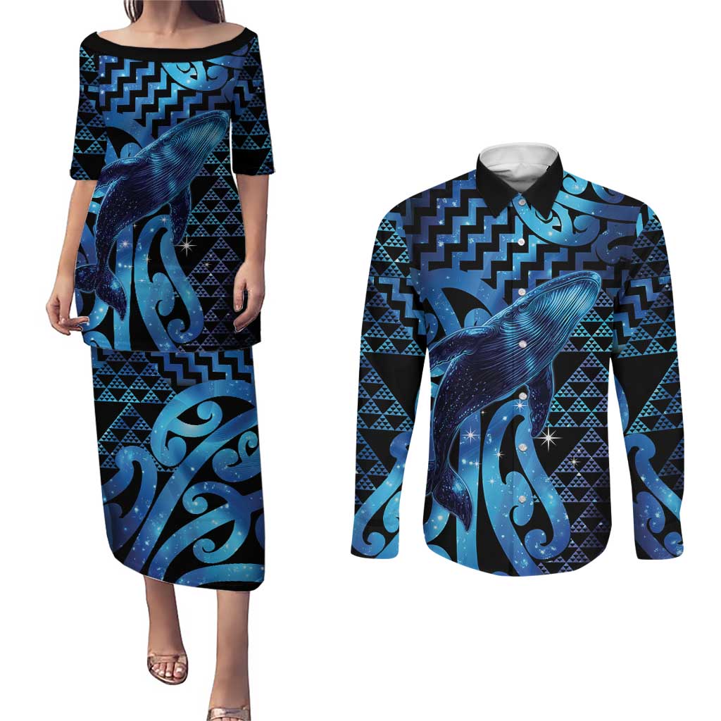 Humpback Whale Matariki New Zealand Couples Matching Puletasi and Long Sleeve Button Shirt NZ Maori Paikea Poutama Luxury Blue LT14 Blue - Polynesian Pride