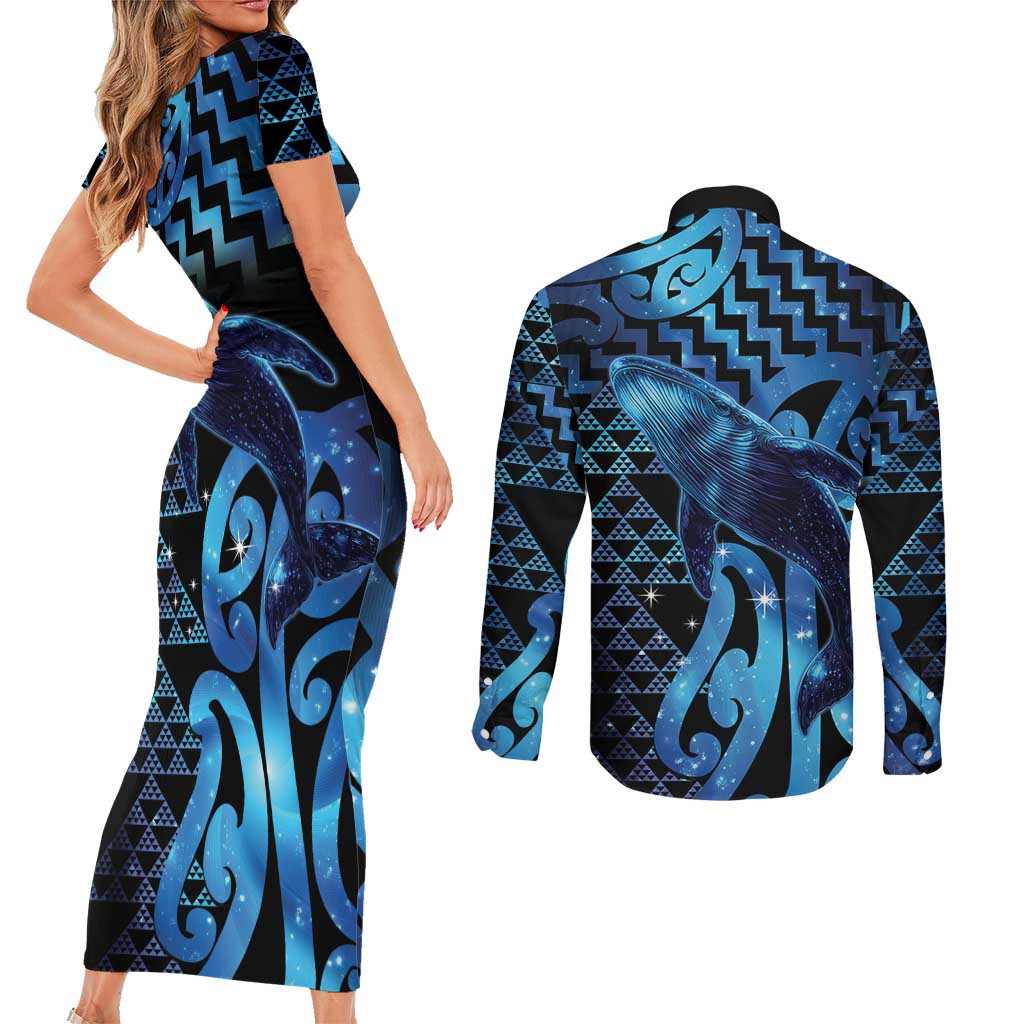 Humpback Whale Matariki New Zealand Couples Matching Short Sleeve Bodycon Dress and Long Sleeve Button Shirt NZ Maori Paikea Poutama Luxury Blue LT14 - Polynesian Pride