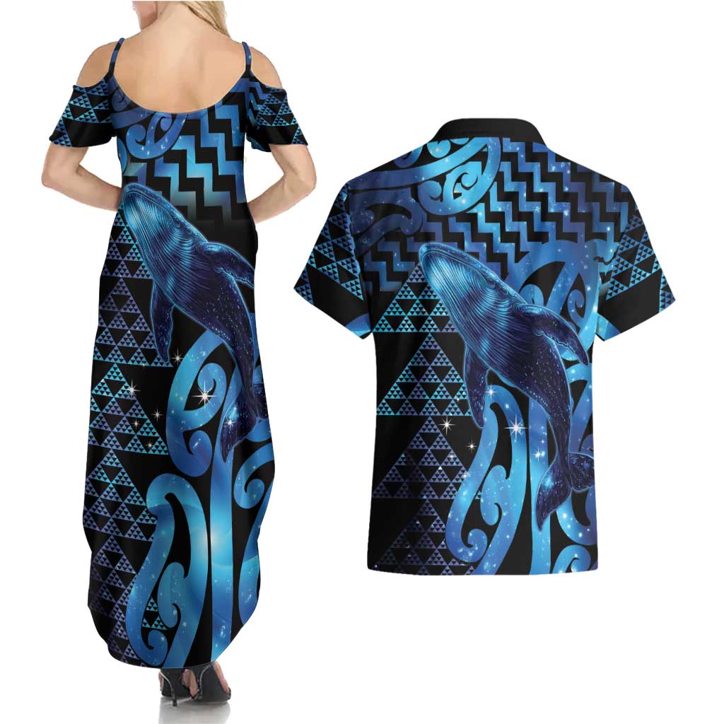 Humpback Whale Matariki New Zealand Couples Matching Summer Maxi Dress and Hawaiian Shirt NZ Maori Paikea Poutama Luxury Blue LT14 - Polynesian Pride