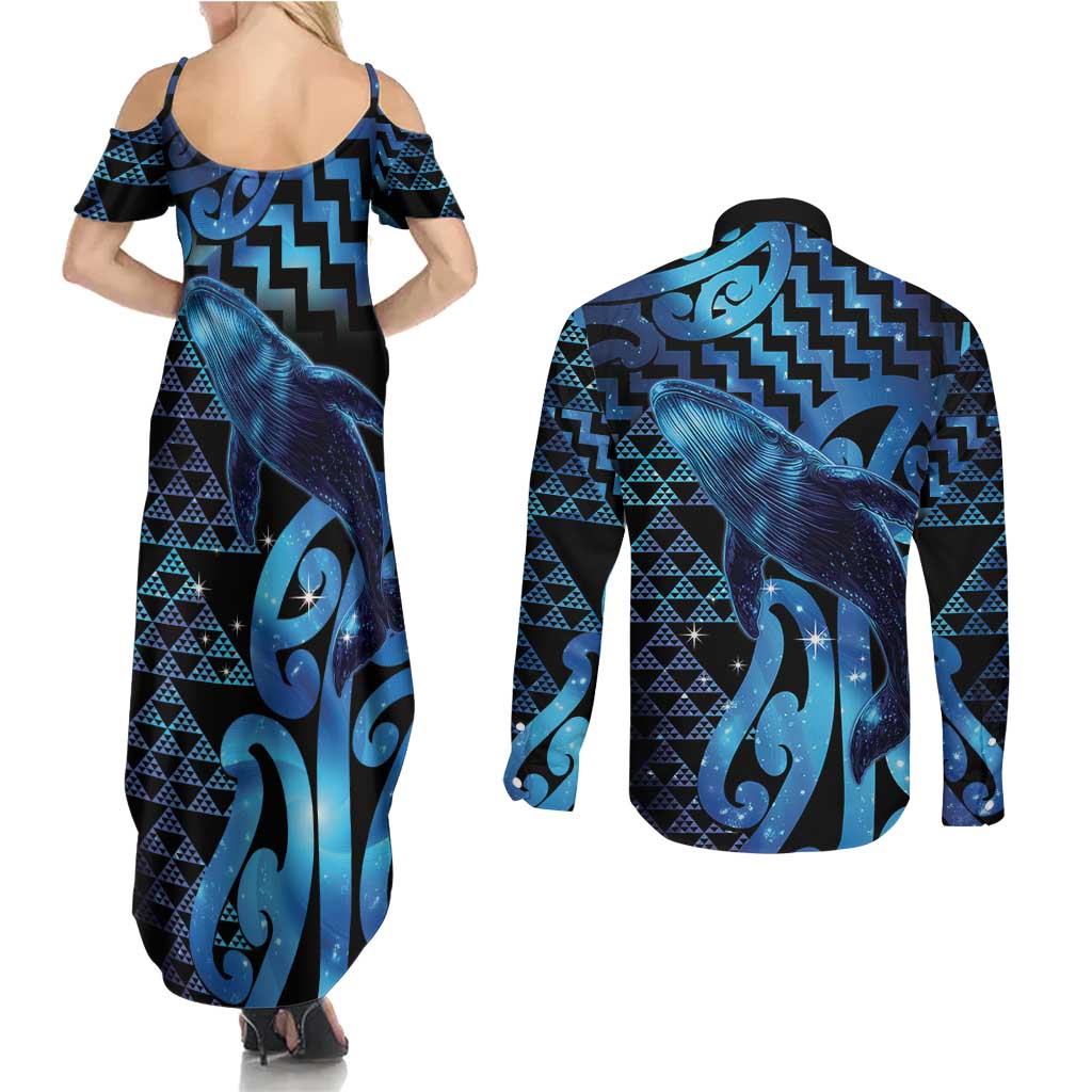 Humpback Whale Matariki New Zealand Couples Matching Summer Maxi Dress and Long Sleeve Button Shirt NZ Maori Paikea Poutama Luxury Blue