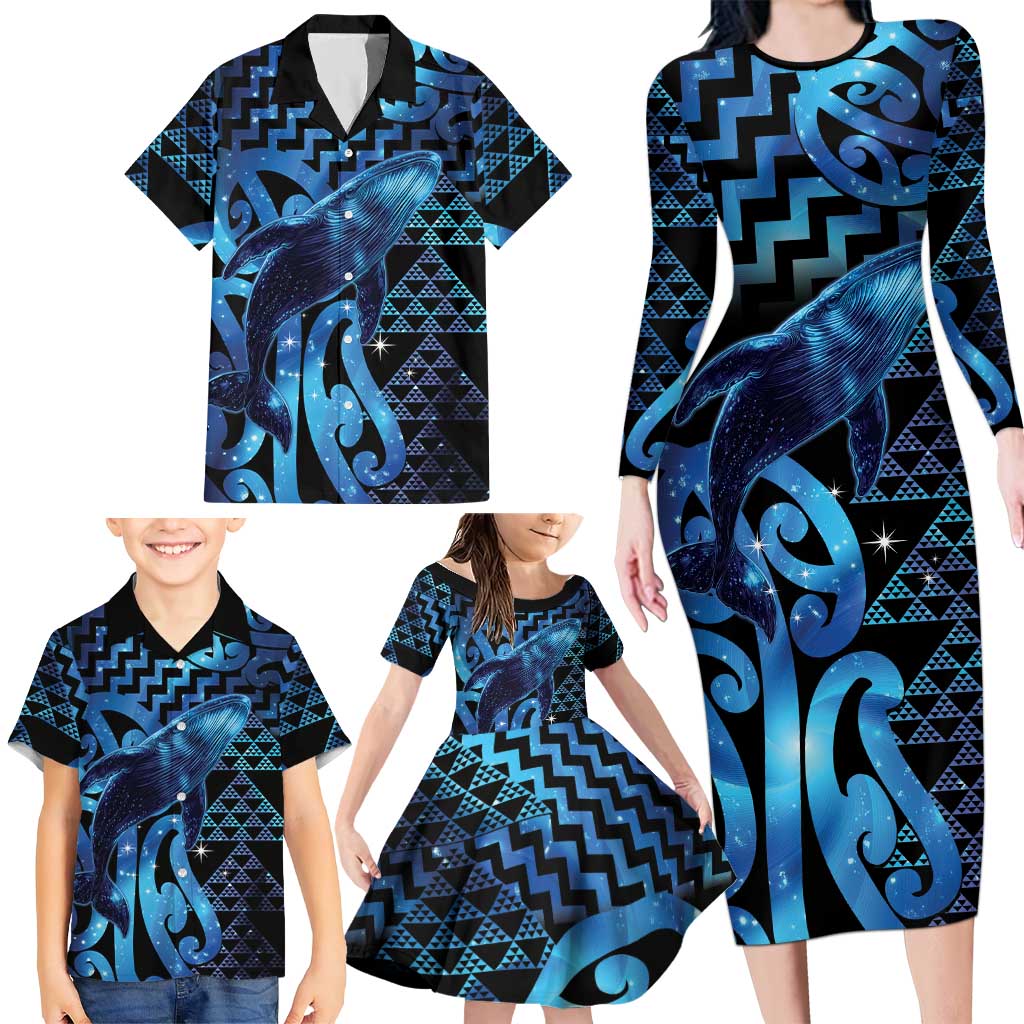 Humpback Whale Matariki New Zealand Family Matching Long Sleeve Bodycon Dress and Hawaiian Shirt NZ Maori Paikea Poutama Luxury Blue LT14 - Polynesian Pride