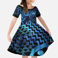 Humpback Whale Matariki New Zealand Family Matching Off The Shoulder Long Sleeve Dress and Hawaiian Shirt NZ Maori Paikea Poutama Luxury Blue LT14 Daughter's Dress Blue - Polynesian Pride