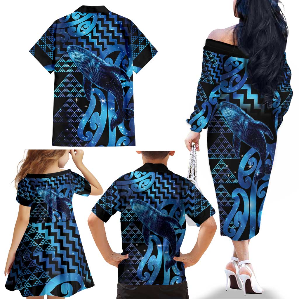 Humpback Whale Matariki New Zealand Family Matching Off The Shoulder Long Sleeve Dress and Hawaiian Shirt NZ Maori Paikea Poutama Luxury Blue LT14 - Polynesian Pride