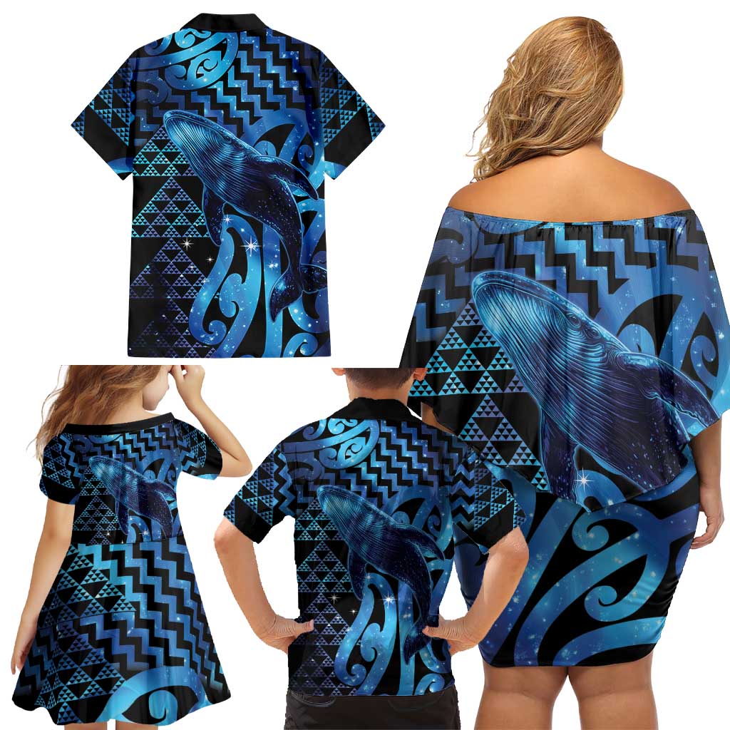Humpback Whale Matariki New Zealand Family Matching Off Shoulder Short Dress and Hawaiian Shirt NZ Maori Paikea Poutama Luxury Blue LT14 - Polynesian Pride