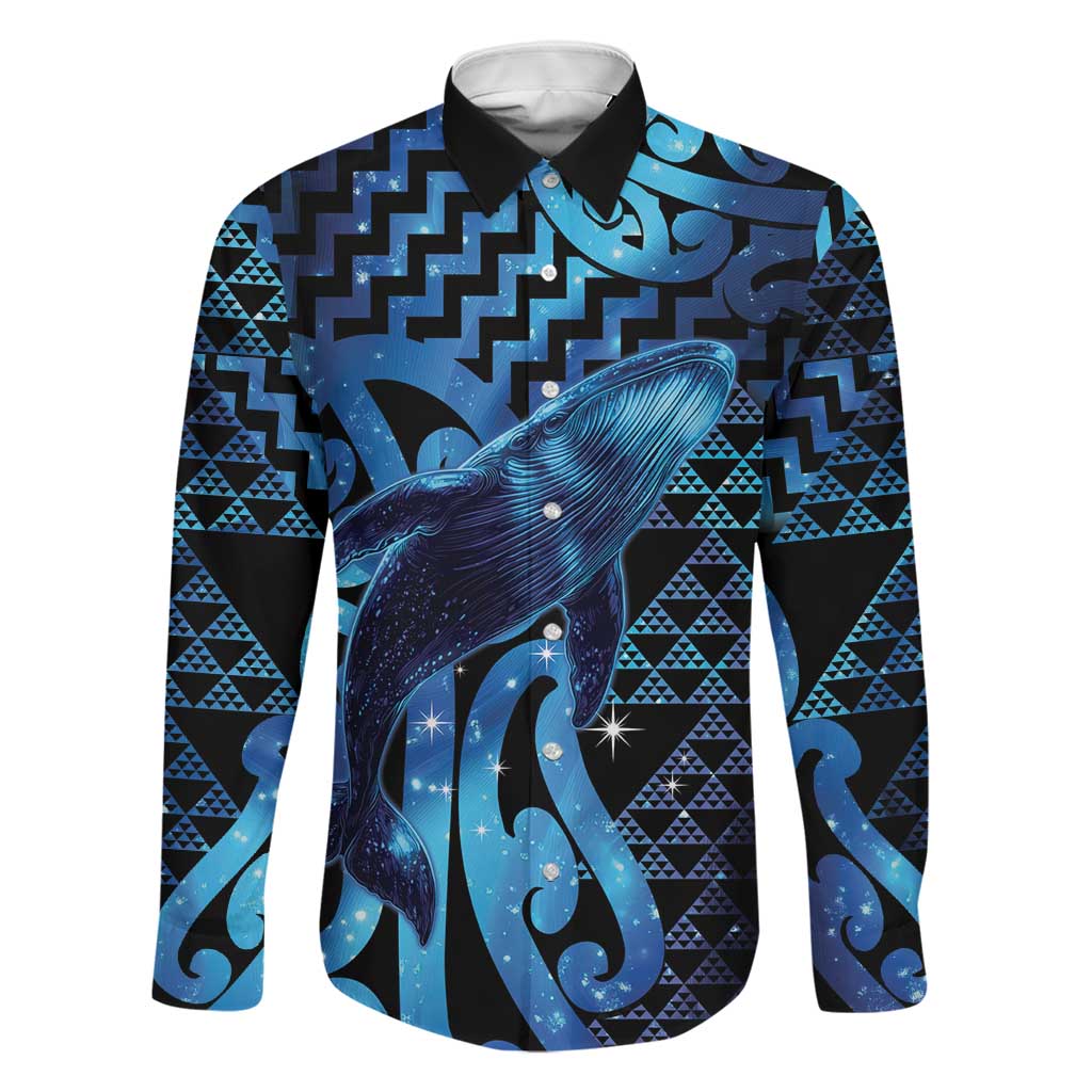 Humpback Whale Matariki New Zealand Family Matching Summer Maxi Dress and Hawaiian Shirt NZ Maori Paikea Poutama Luxury Blue LT14 Dad's Shirt - Long Sleeve Blue - Polynesian Pride