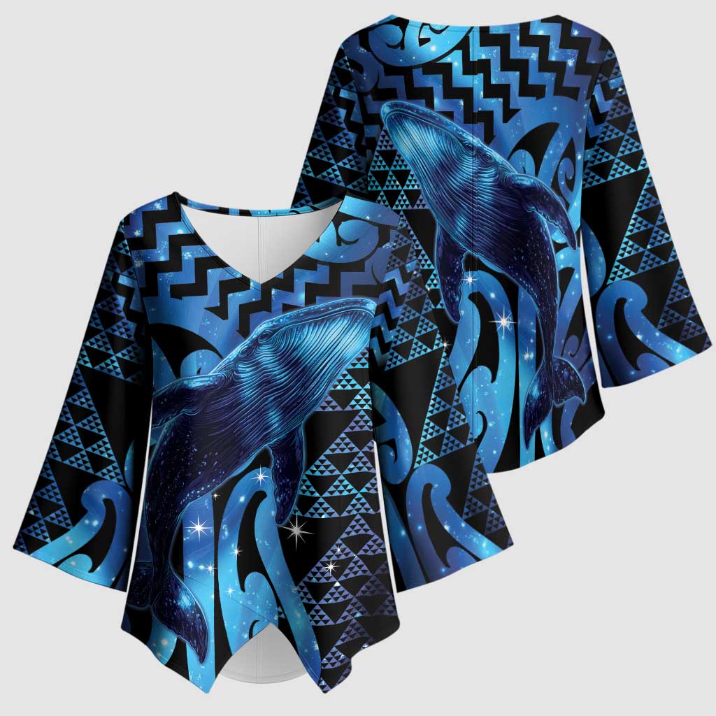 Humpback Whale Matariki New Zealand Kimono Sleeve Blouse NZ Maori Paikea Poutama Luxury Blue LT14 - Polynesian Pride