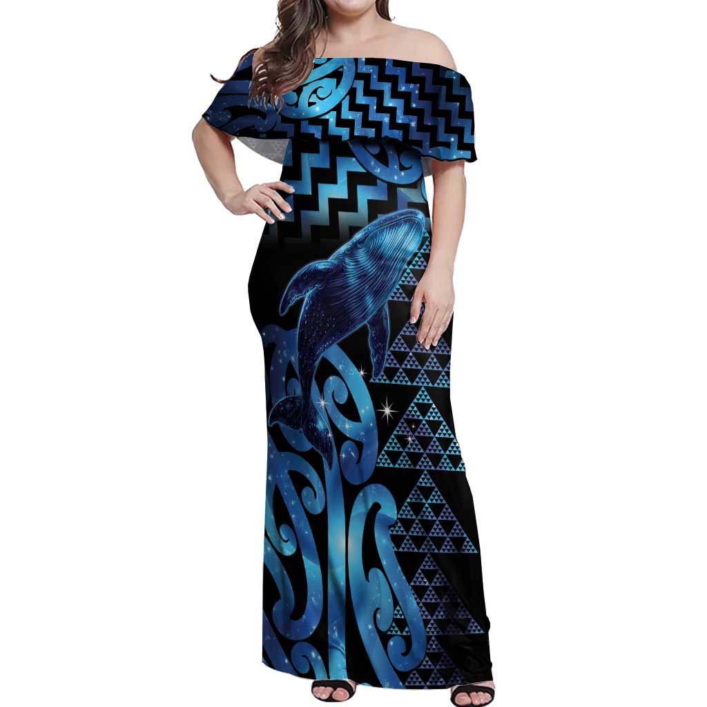 Humpback Whale Matariki New Zealand Off Shoulder Maxi Dress NZ Maori Paikea Poutama Luxury Blue