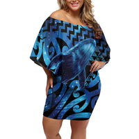 Humpback Whale Matariki New Zealand Off Shoulder Short Dress NZ Maori Paikea Poutama Luxury Blue LT14 Women Blue - Polynesian Pride