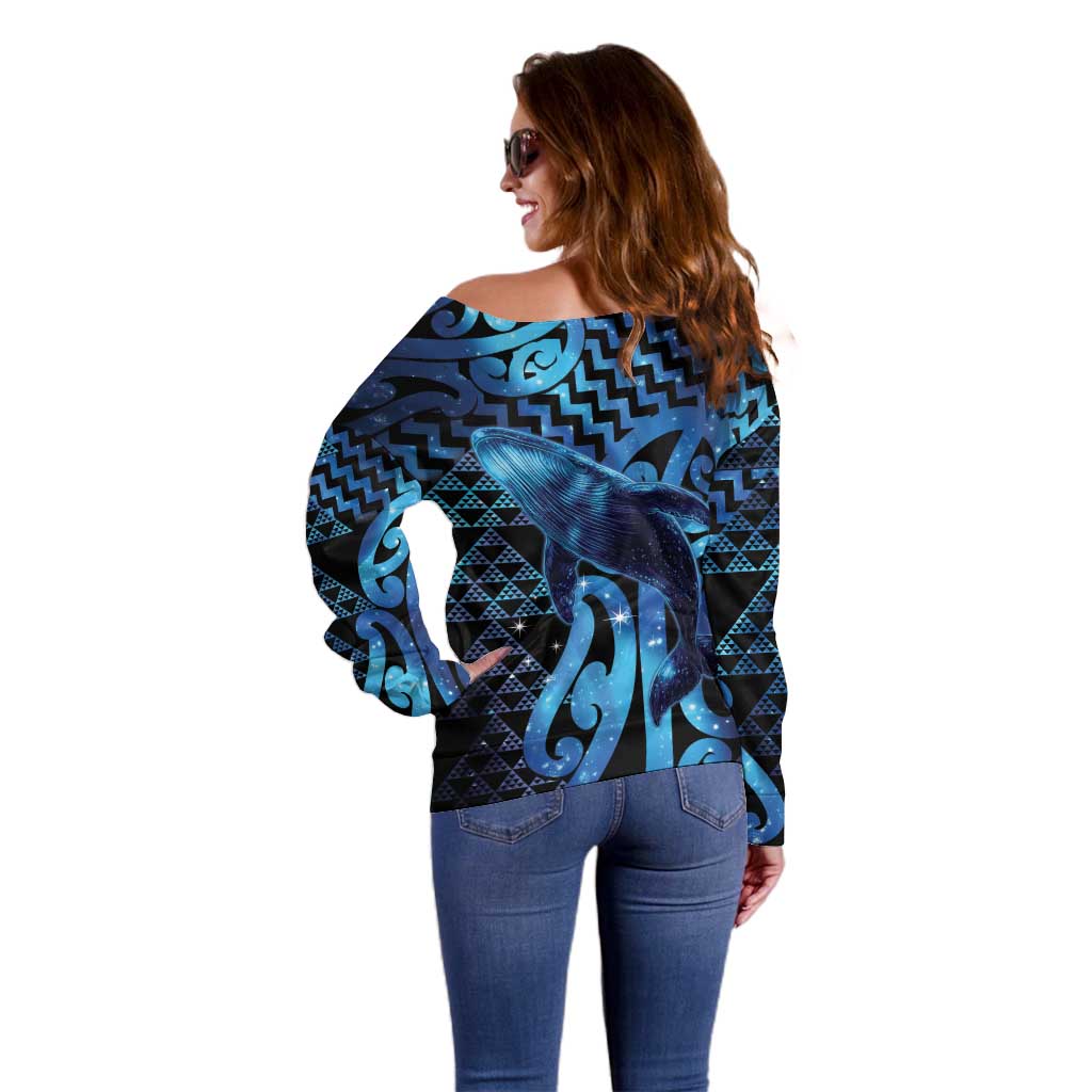 Humpback Whale Matariki New Zealand Off Shoulder Sweater NZ Maori Paikea Poutama Luxury Blue