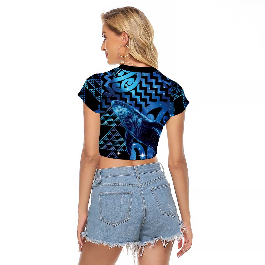 Humpback Whale Matariki New Zealand Raglan Cropped T Shirt NZ Maori Paikea Poutama Luxury Blue LT14 - Polynesian Pride