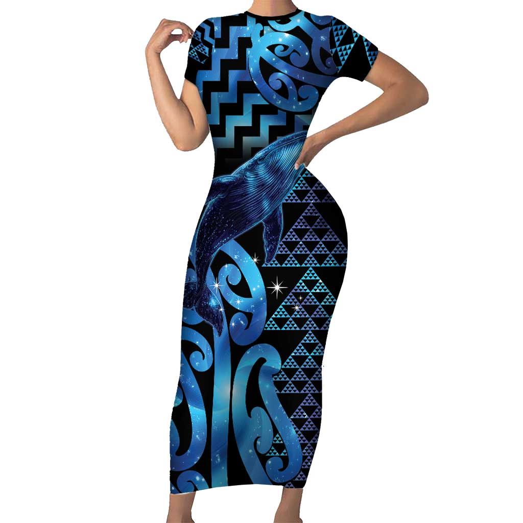 Humpback Whale Matariki New Zealand Short Sleeve Bodycon Dress NZ Maori Paikea Poutama Luxury Blue