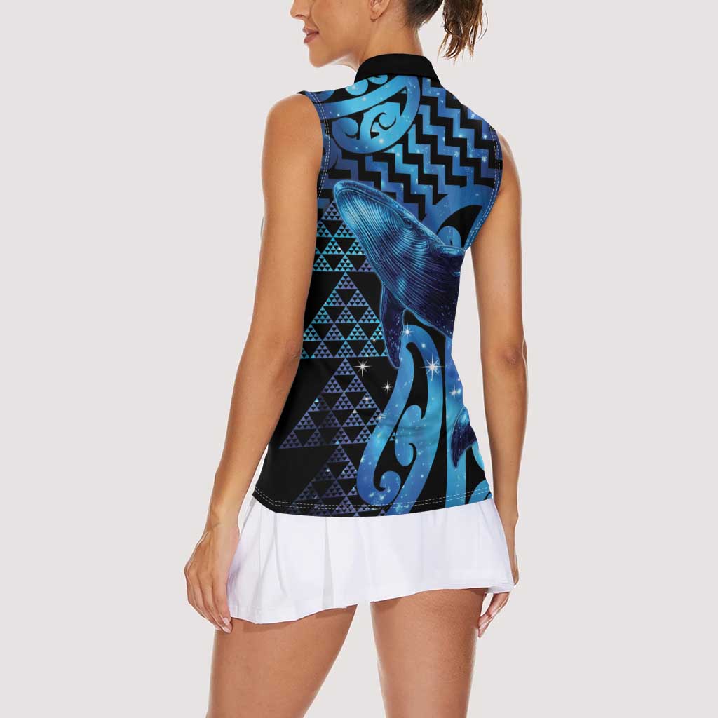 Humpback Whale Matariki New Zealand Women Sleeveless Polo Shirt NZ Maori Paikea Poutama Luxury Blue