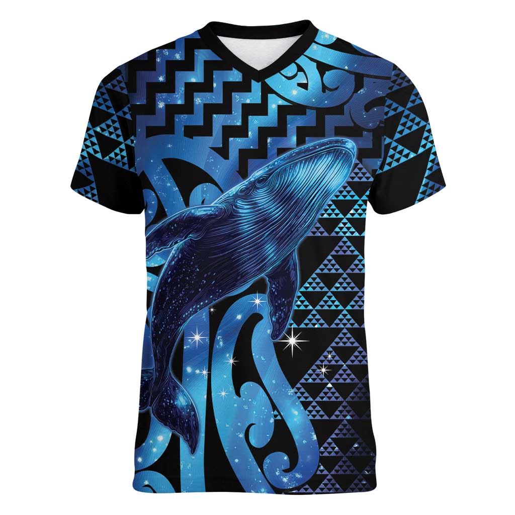 Humpback Whale Matariki New Zealand Women V-Neck T-Shirt NZ Maori Paikea Poutama Luxury Blue