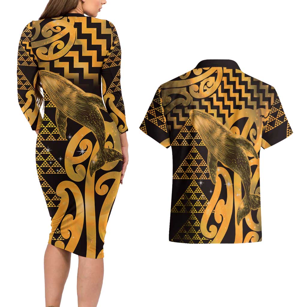 Humpback Whale Matariki New Zealand Couples Matching Long Sleeve Bodycon Dress and Hawaiian Shirt NZ Maori Paikea Poutama Luxury Gold LT14 - Polynesian Pride