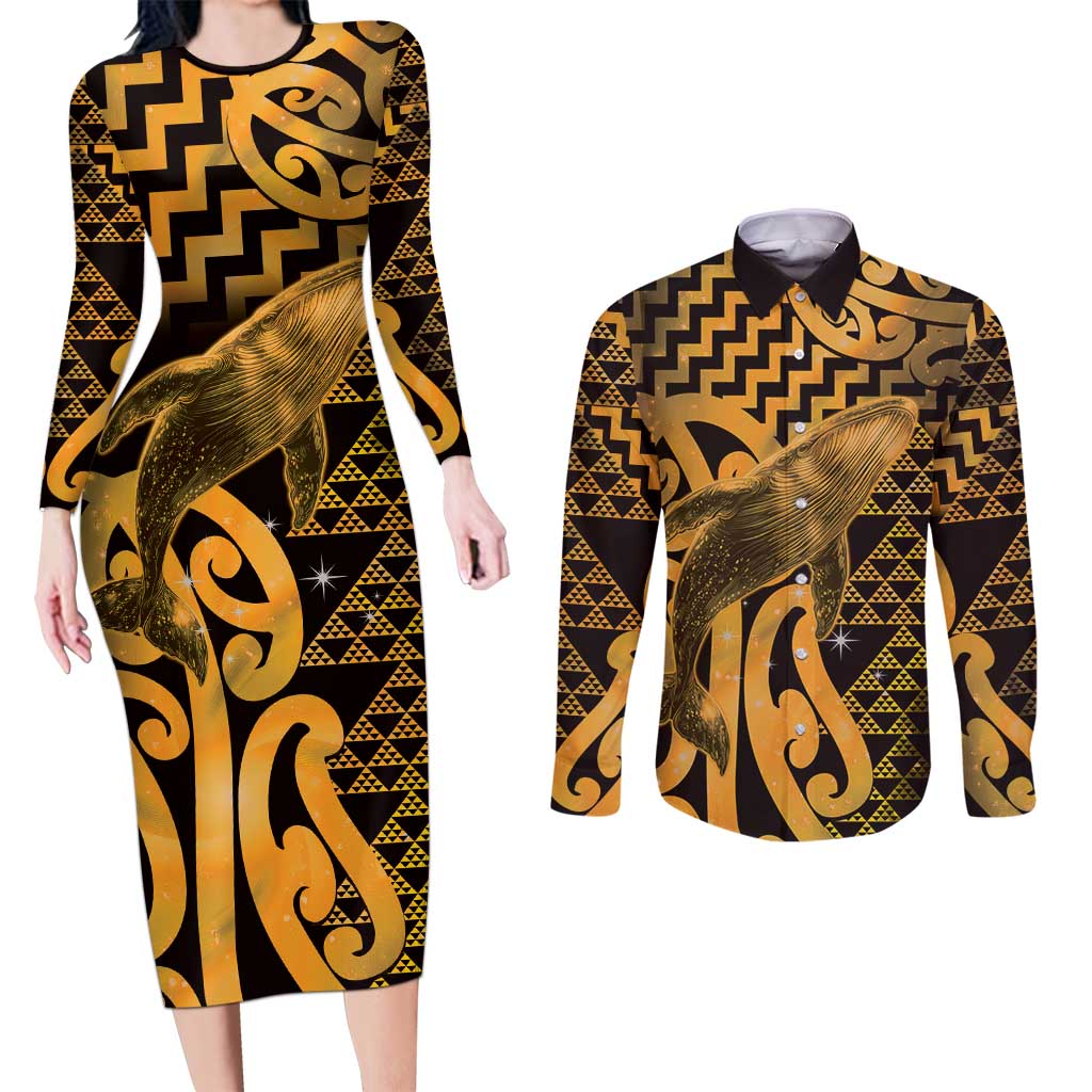 Humpback Whale Matariki New Zealand Couples Matching Long Sleeve Bodycon Dress and Long Sleeve Button Shirt NZ Maori Paikea Poutama Luxury Gold