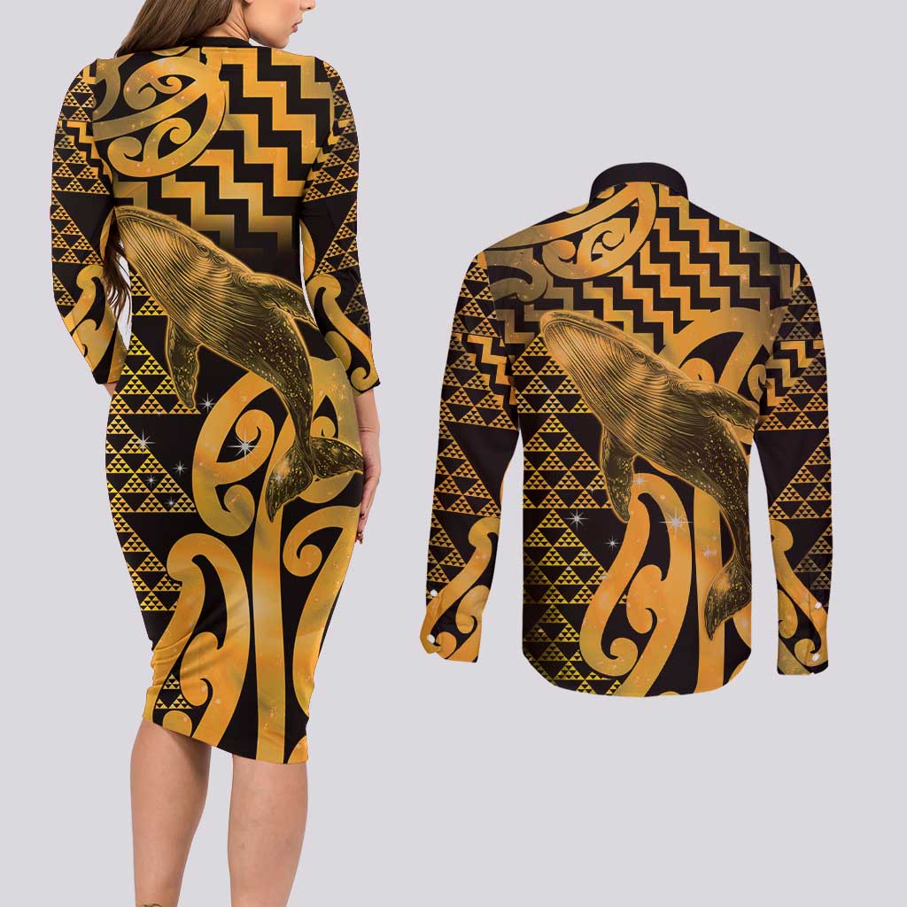 Humpback Whale Matariki New Zealand Couples Matching Long Sleeve Bodycon Dress and Long Sleeve Button Shirt NZ Maori Paikea Poutama Luxury Gold LT14 - Polynesian Pride