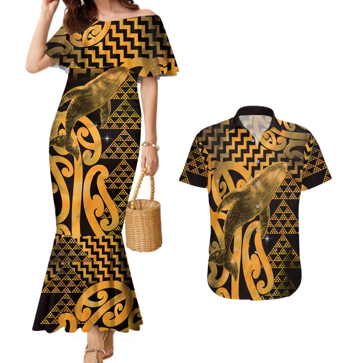 Humpback Whale Matariki New Zealand Couples Matching Mermaid Dress and Hawaiian Shirt NZ Maori Paikea Poutama Luxury Gold LT14 Gold - Polynesian Pride