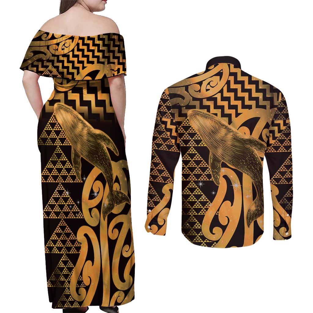 Humpback Whale Matariki New Zealand Couples Matching Off Shoulder Maxi Dress and Long Sleeve Button Shirt NZ Maori Paikea Poutama Luxury Gold