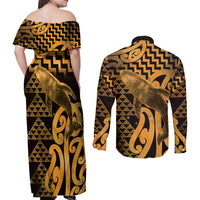 Humpback Whale Matariki New Zealand Couples Matching Off Shoulder Maxi Dress and Long Sleeve Button Shirt NZ Maori Paikea Poutama Luxury Gold