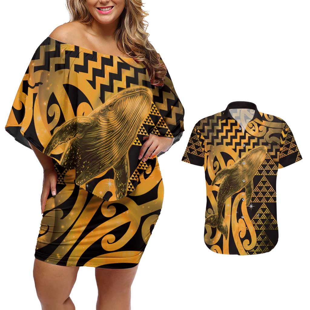 Humpback Whale Matariki New Zealand Couples Matching Off Shoulder Short Dress and Hawaiian Shirt NZ Maori Paikea Poutama Luxury Gold