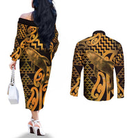 Humpback Whale Matariki New Zealand Couples Matching Off The Shoulder Long Sleeve Dress and Long Sleeve Button Shirt NZ Maori Paikea Poutama Luxury Gold LT14 - Polynesian Pride