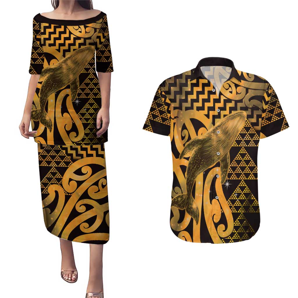 Humpback Whale Matariki New Zealand Couples Matching Puletasi and Hawaiian Shirt NZ Maori Paikea Poutama Luxury Gold LT14 Gold - Polynesian Pride